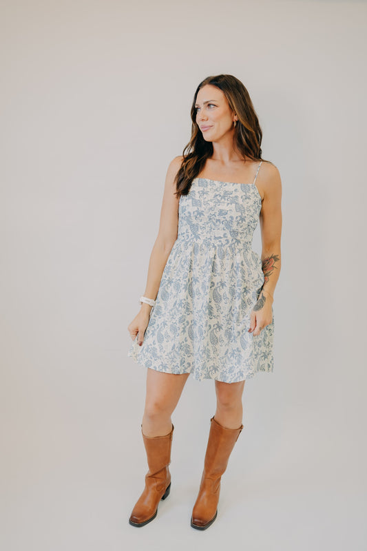Doe & Rae | Pleated Torso Fit Flare Mini Dress | Ivory Denim