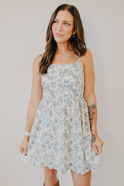 Doe & Rae | Pleated Torso Fit Flare Mini Dress | Ivory Denim