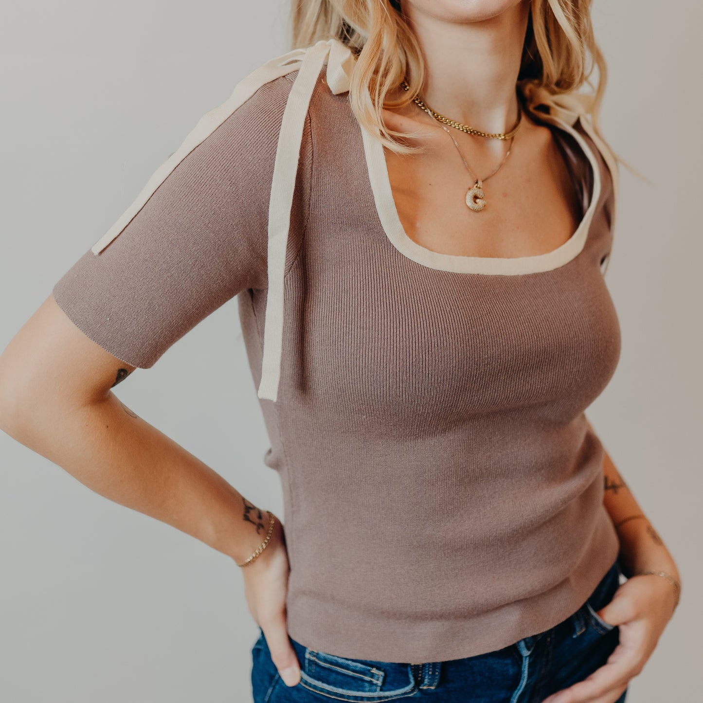 Wishlist | Suare Neck Ribbed Top | Mushroom White