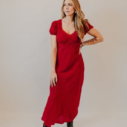 Blu Pepper | Puff Sleeve Lace Trim Midi Dress | Red