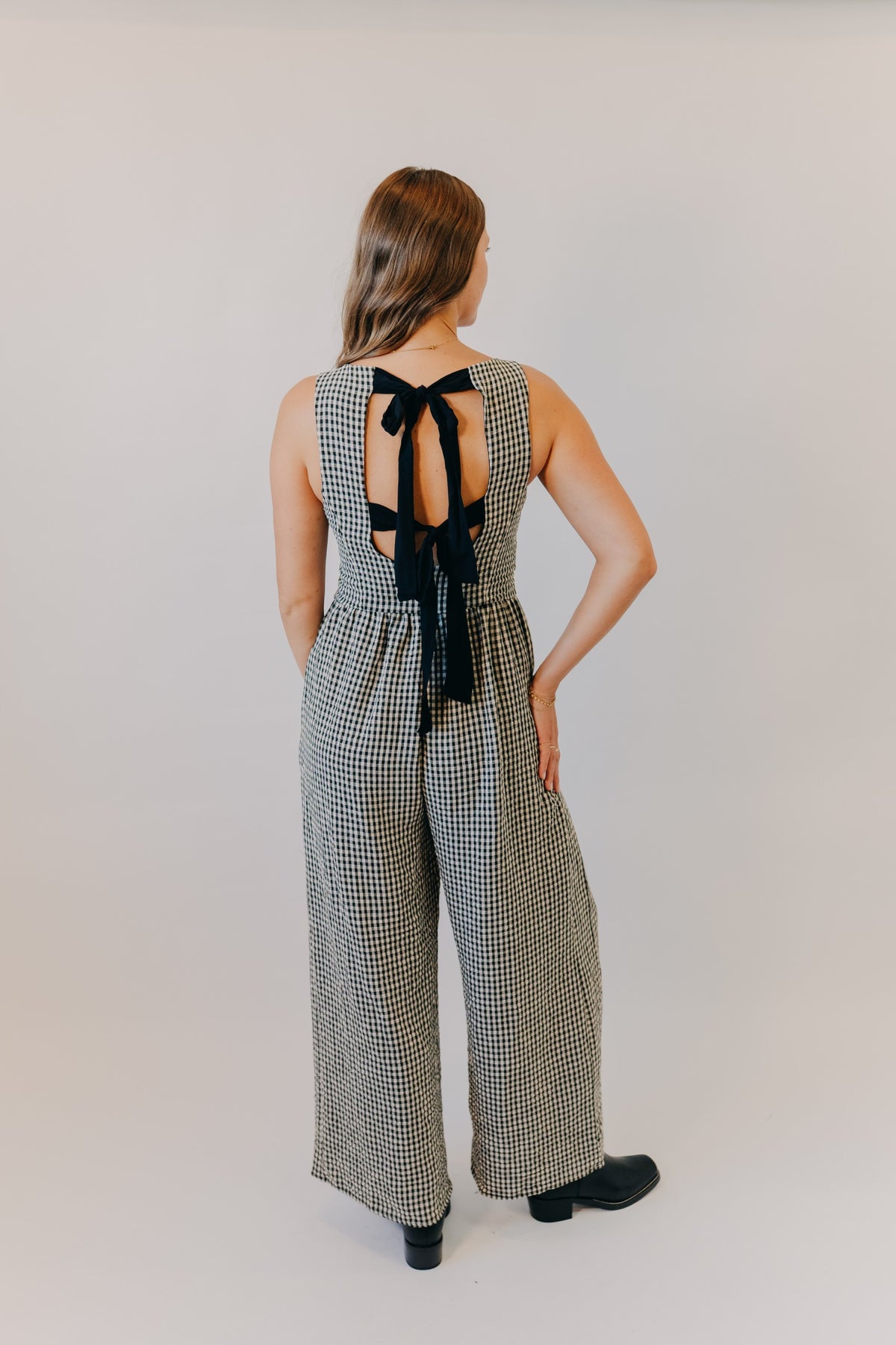Miou Muse | Gingham Tie in Back Jumpsuit | Black