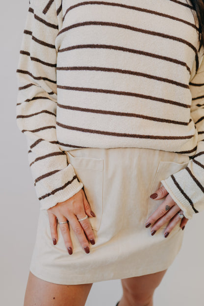 Blu Pepper | Striped Textured Raw Edge Sweater | Cream