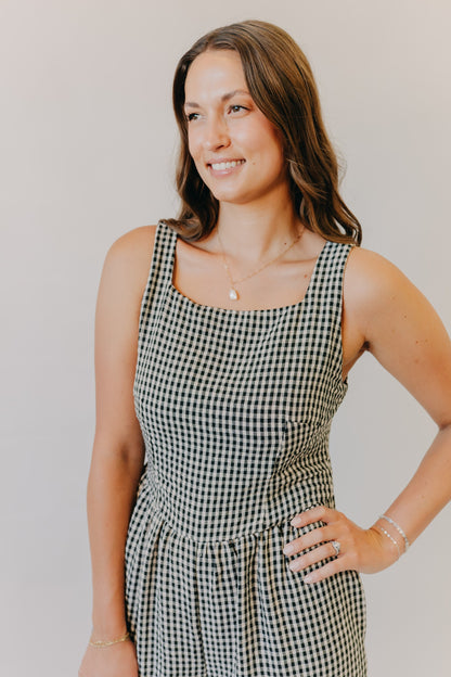 Miou Muse | Gingham Tie in Back Jumpsuit | Black