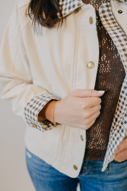 Miou Muse | Gingham Collared Twill Jacket | Beige