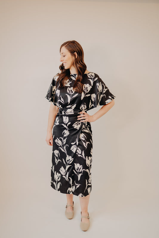 Fun2Fun | Floral Satin Pleated Wrap Dress | Black