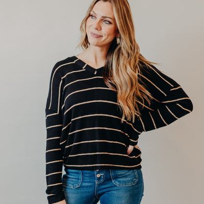Blu Pepper | Striped V-Neck Drop Shoulder Top | Black