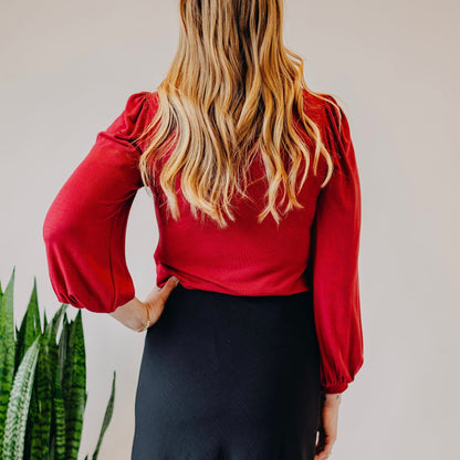 Square Neck Top with Puffed Sleeves | Burgundy