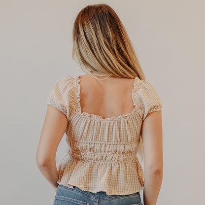 Blu Pepper | Gingham Bow Detail Shirred Top | Lt Khaki