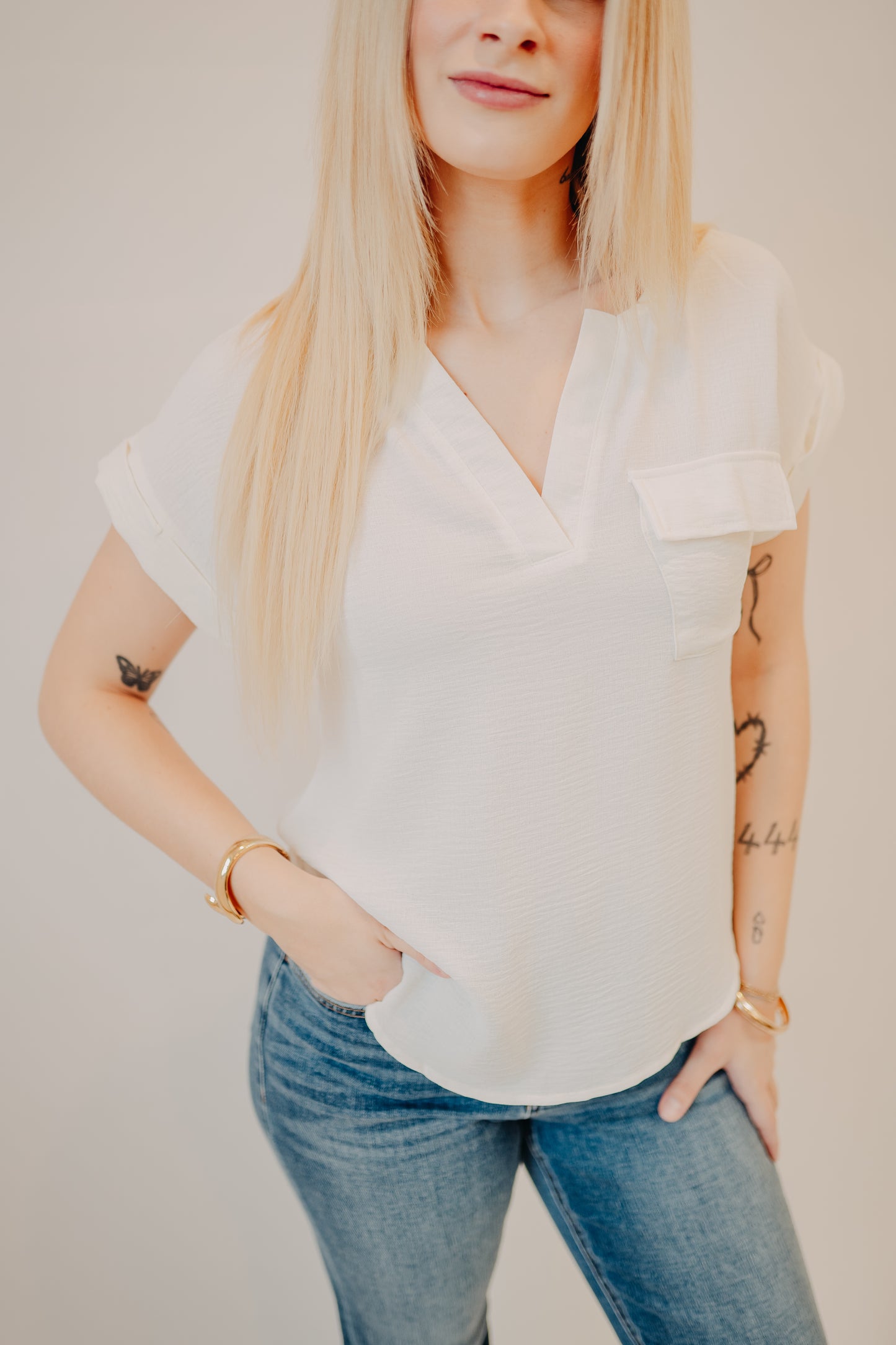 Blu Pepper | Split Neck Fold Sleeve Blouse | Cream