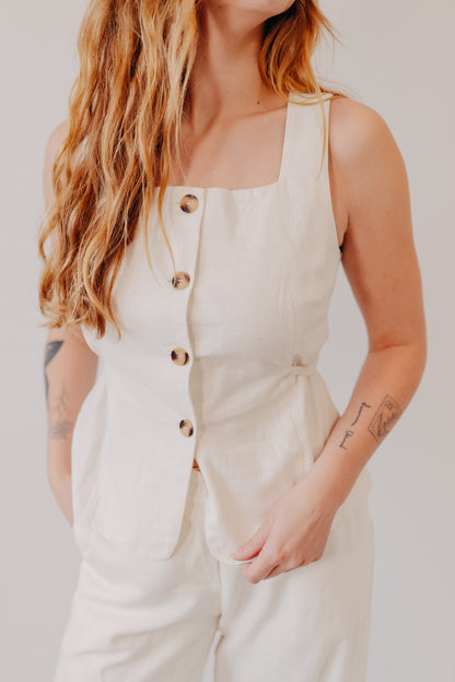 Miou Muse |  Square Neck Sleeveless Vest  Button Front | White
