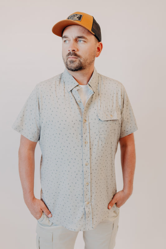 Dkota Grizzly | Reel Scattered Fly Print Top | Pebble Drift