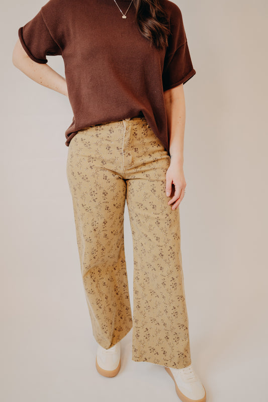 Miou Muse | Floral Print Pants | Straw Brown
