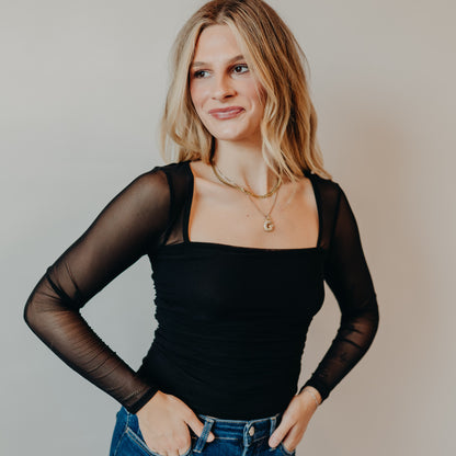 Blu Pepper | Ruched Waist Square Neck Top | Black