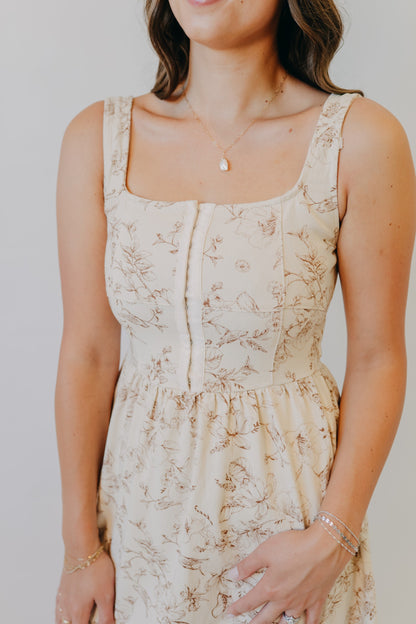 Blu Pepper | Floral Toile Midi Dress | Oatmeal