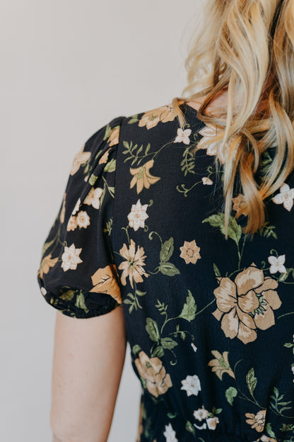 Blu Pepper | Floral Puff Sleeve Midi Dress | Black Multi