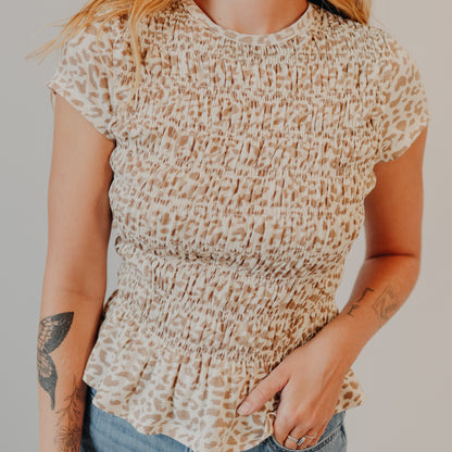 Doe & Rae | Leopard Smocked Bodice Cap Sleeve Top | Tan
