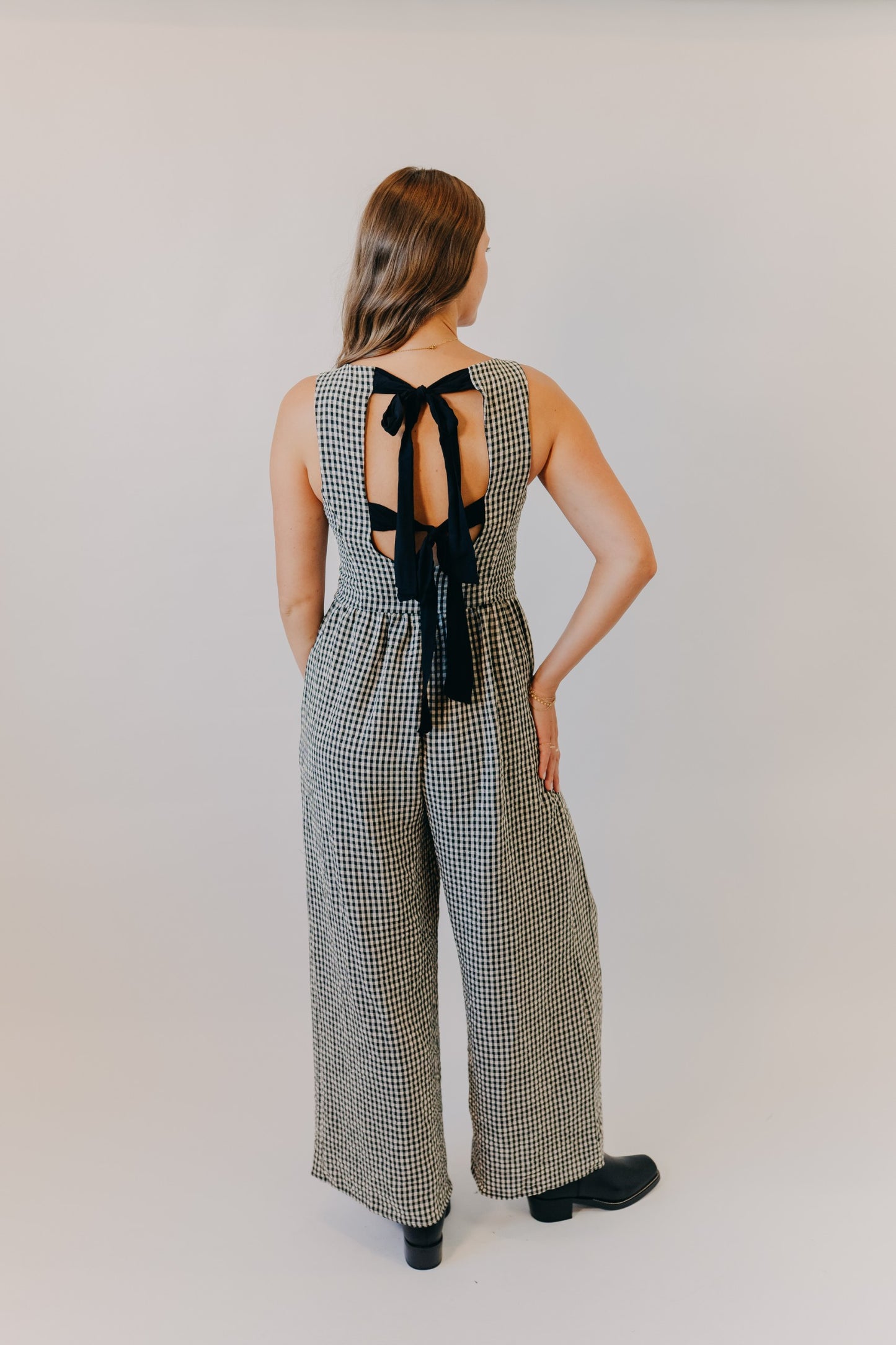 Miou Muse | Gingham Tie in Back Jumpsuit | Black
