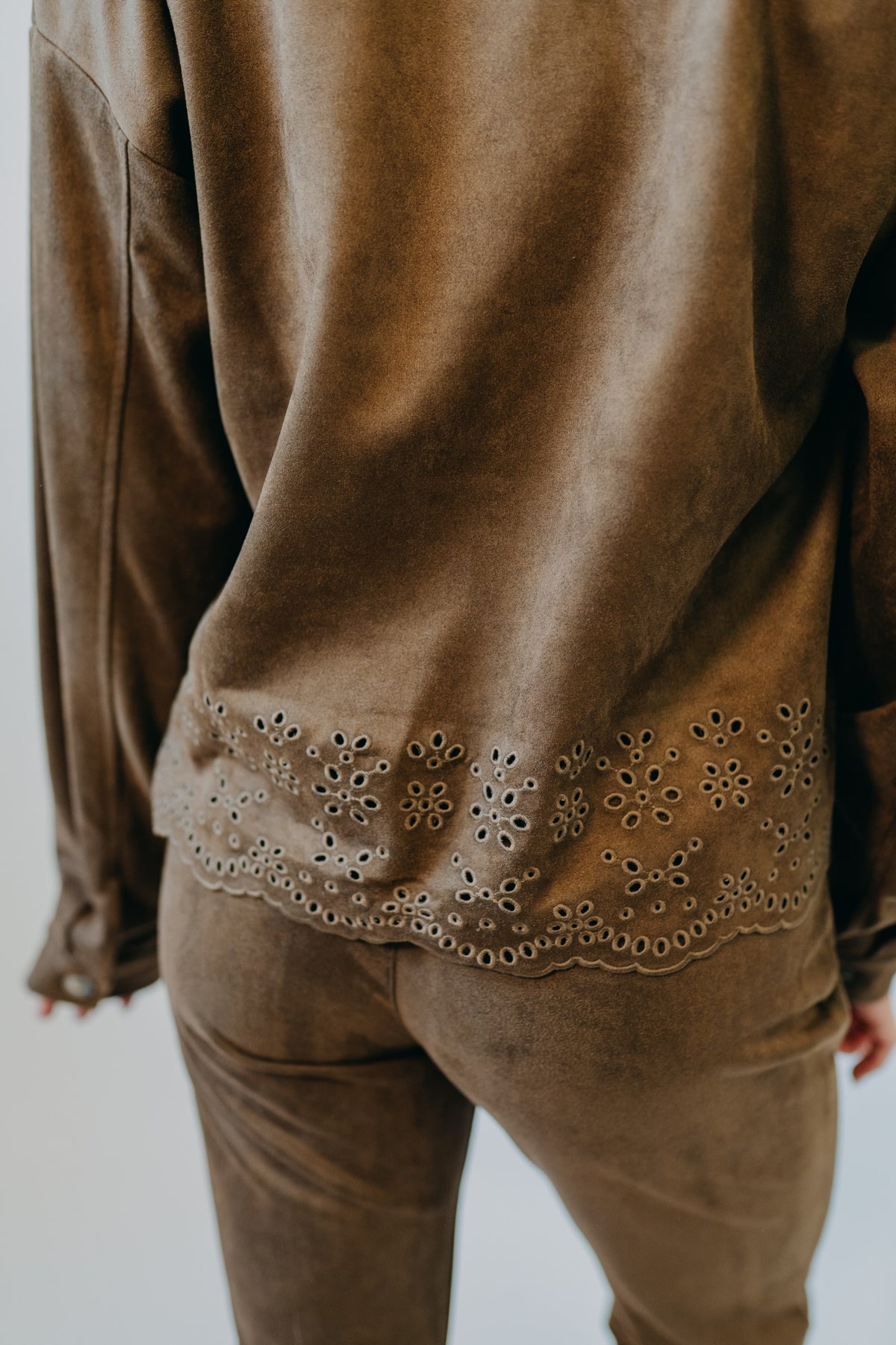 Hem & Thread | Faux Suede Embroidered Hem Jacket | Chocolate