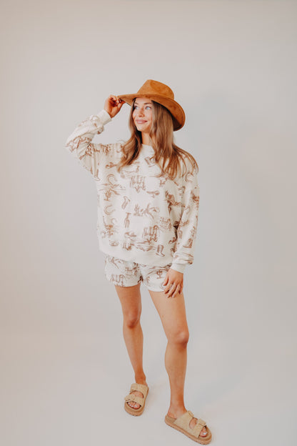 Blu Pepper | Western Print Knit Shorts | Cream Multi