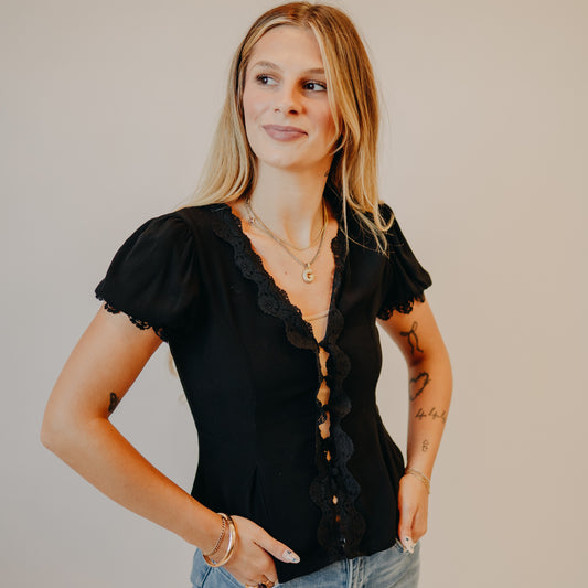 Blu Pepper | Lace Trim Puff Sleeve Blouse | Black