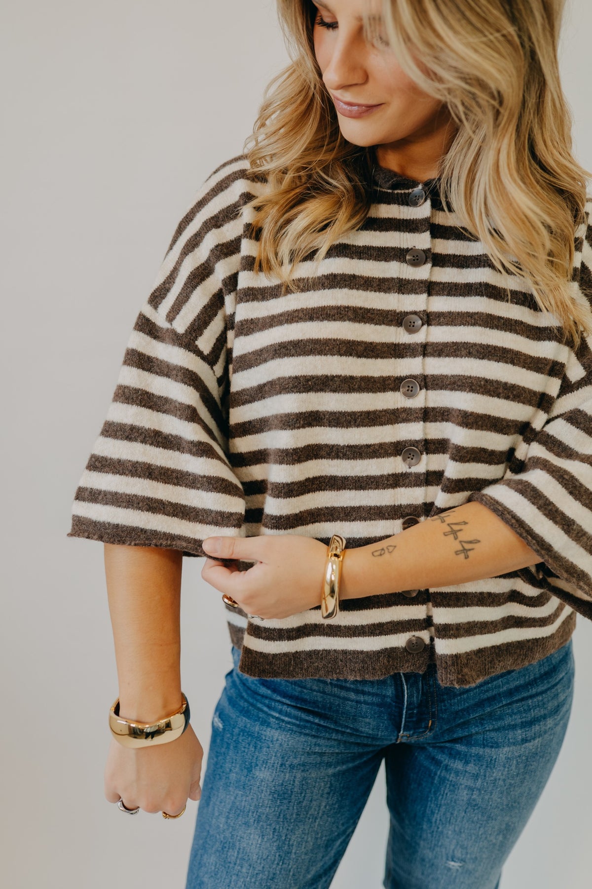 Blu Pepper | Striped Raw Edge Cardigan | Chocolate Brown