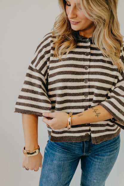 Blu Pepper | Striped Raw Edge Cardigan | Chocolate Brown
