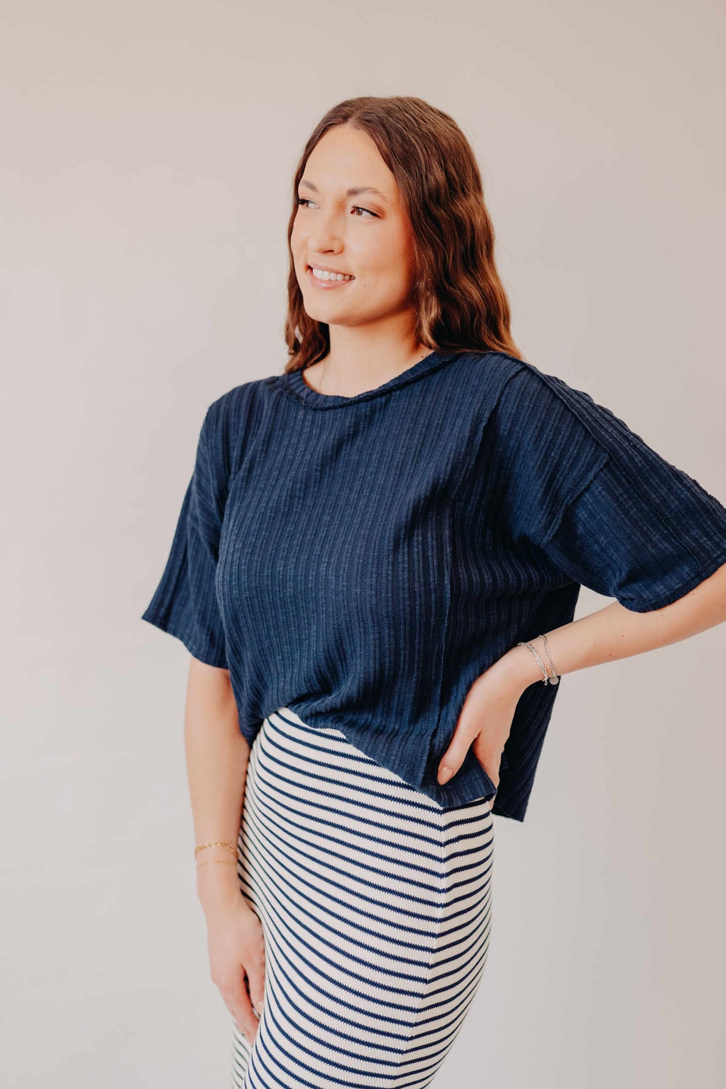 Blu Pepper | Ribbed Star Patch Boxy Knit Top | Navy