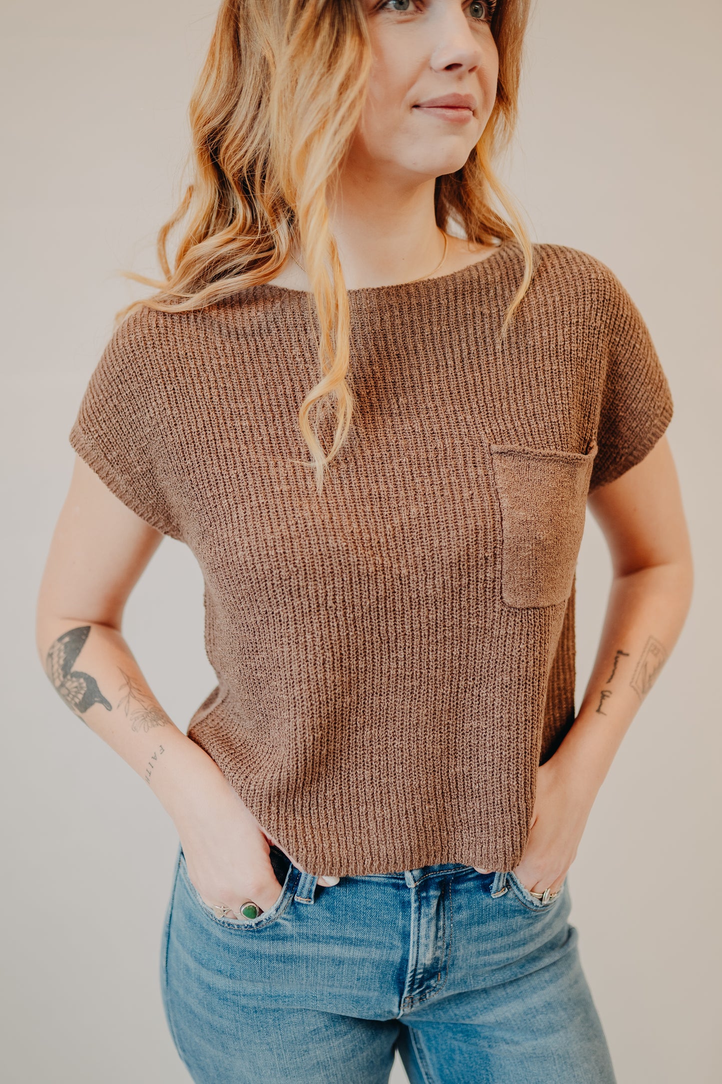 Be Cool | Pocket Cap Sleeve Dolman Top | Chestnut
