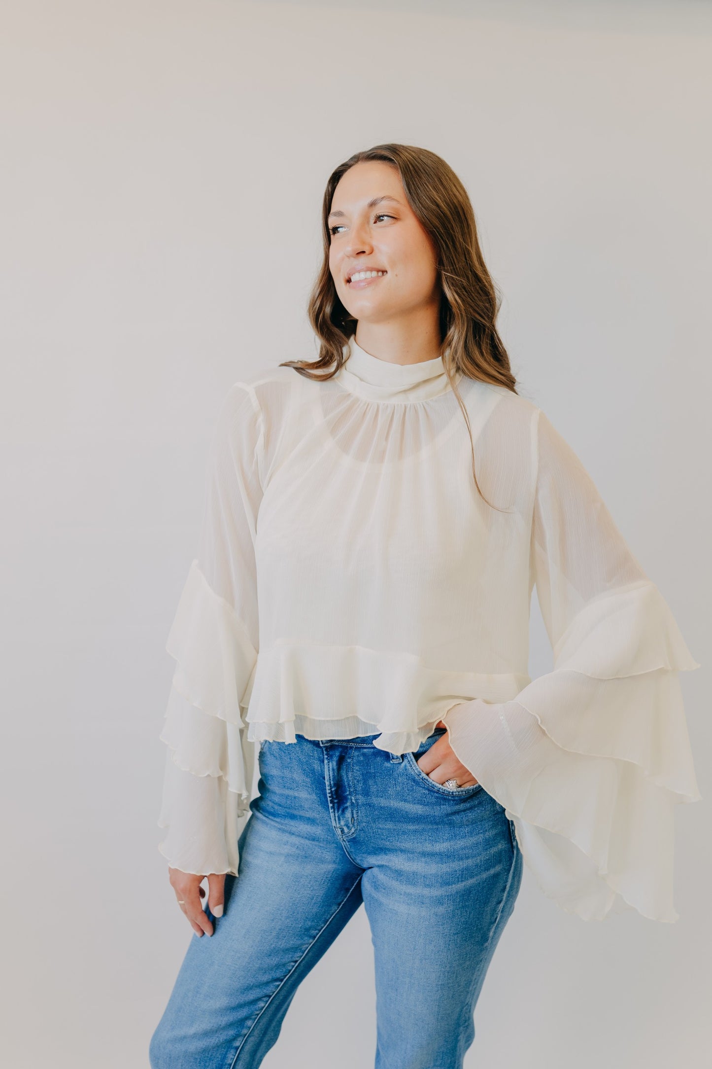 by Together | Baroque Flared Cuff Crop Woven Top | Cream