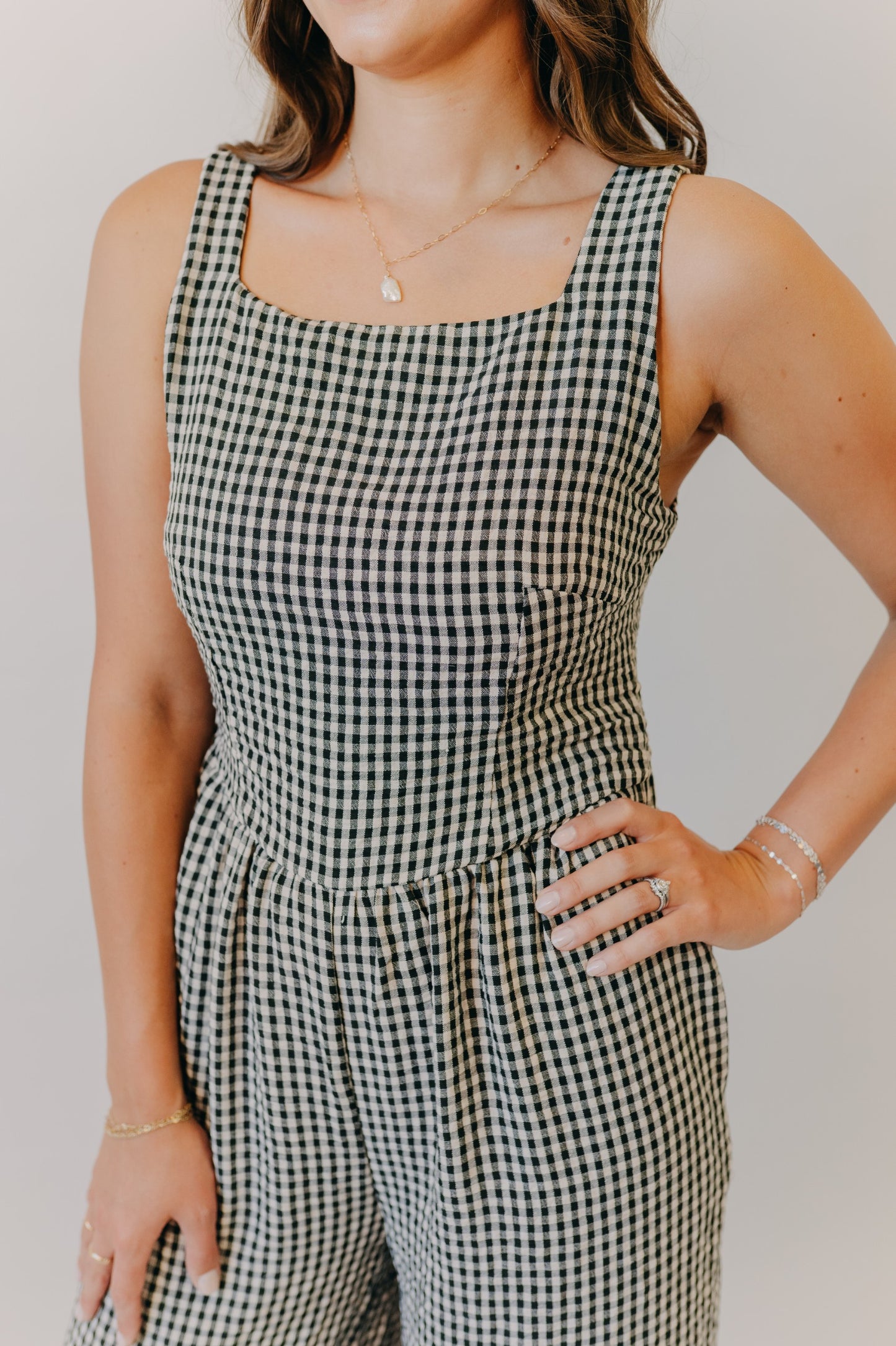 Miou Muse | Gingham Tie in Back Jumpsuit | Black