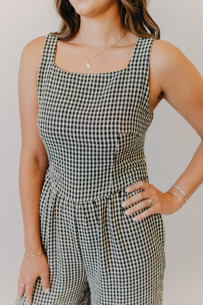 Miou Muse | Gingham Tie in Back Jumpsuit | Black