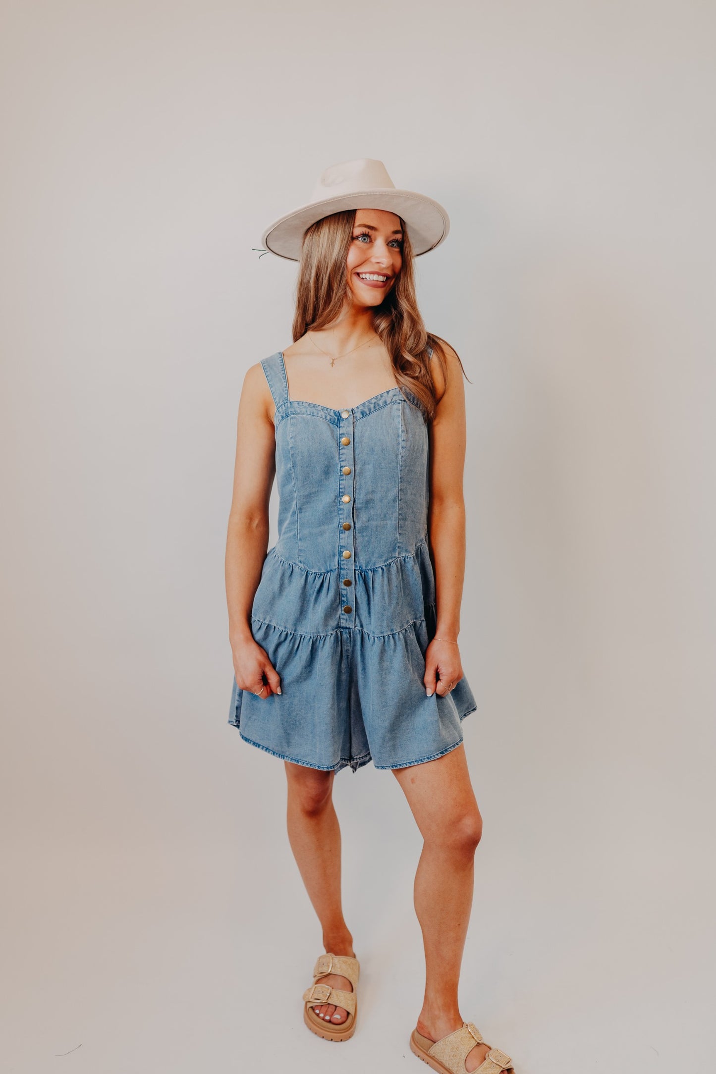 Doe & Rae | Denim Tiered Flare Romper | Dk Denim
