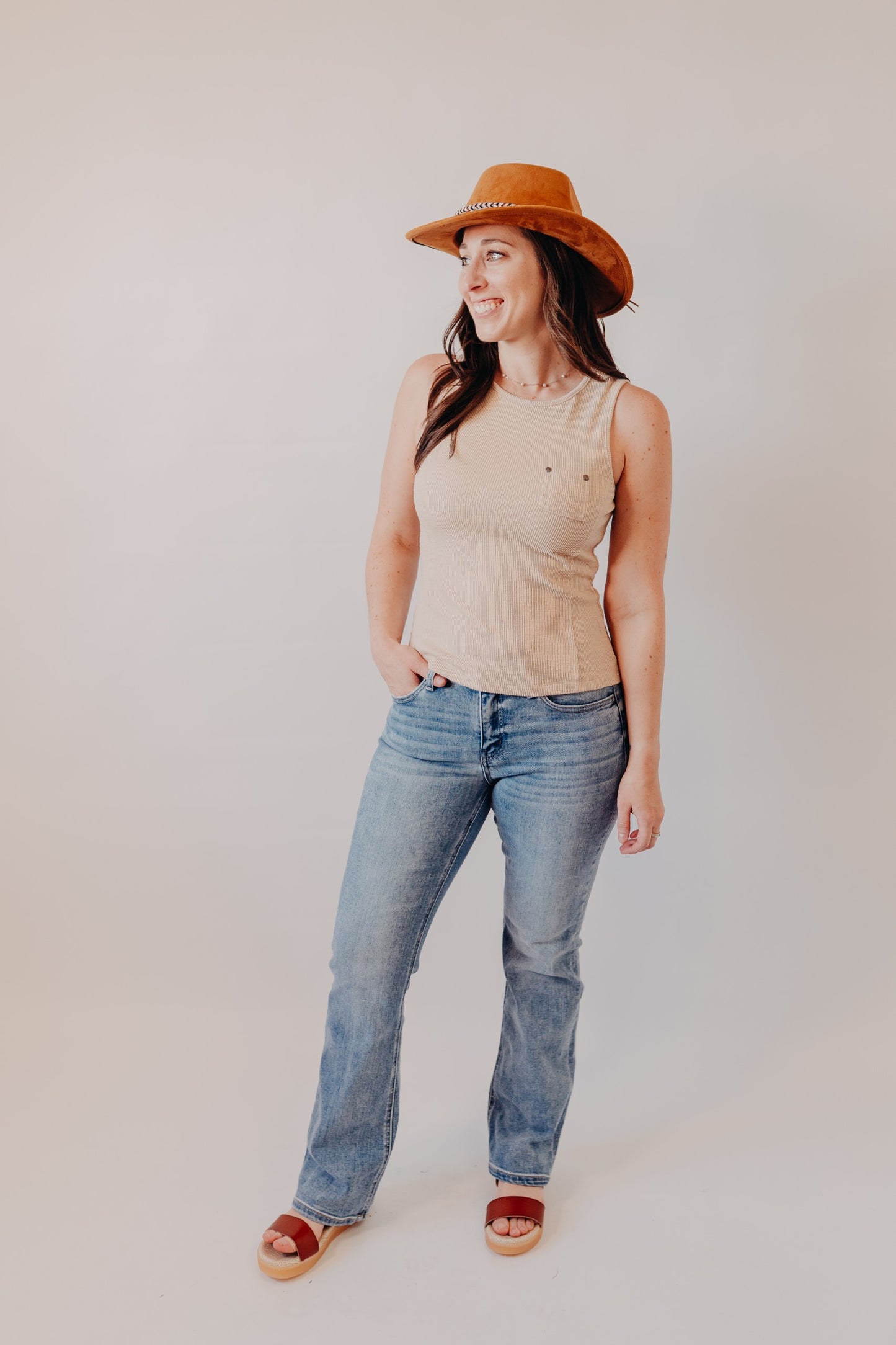 Doe & Rae | Striped Knit Puff Sleeve Top | Lt Tan