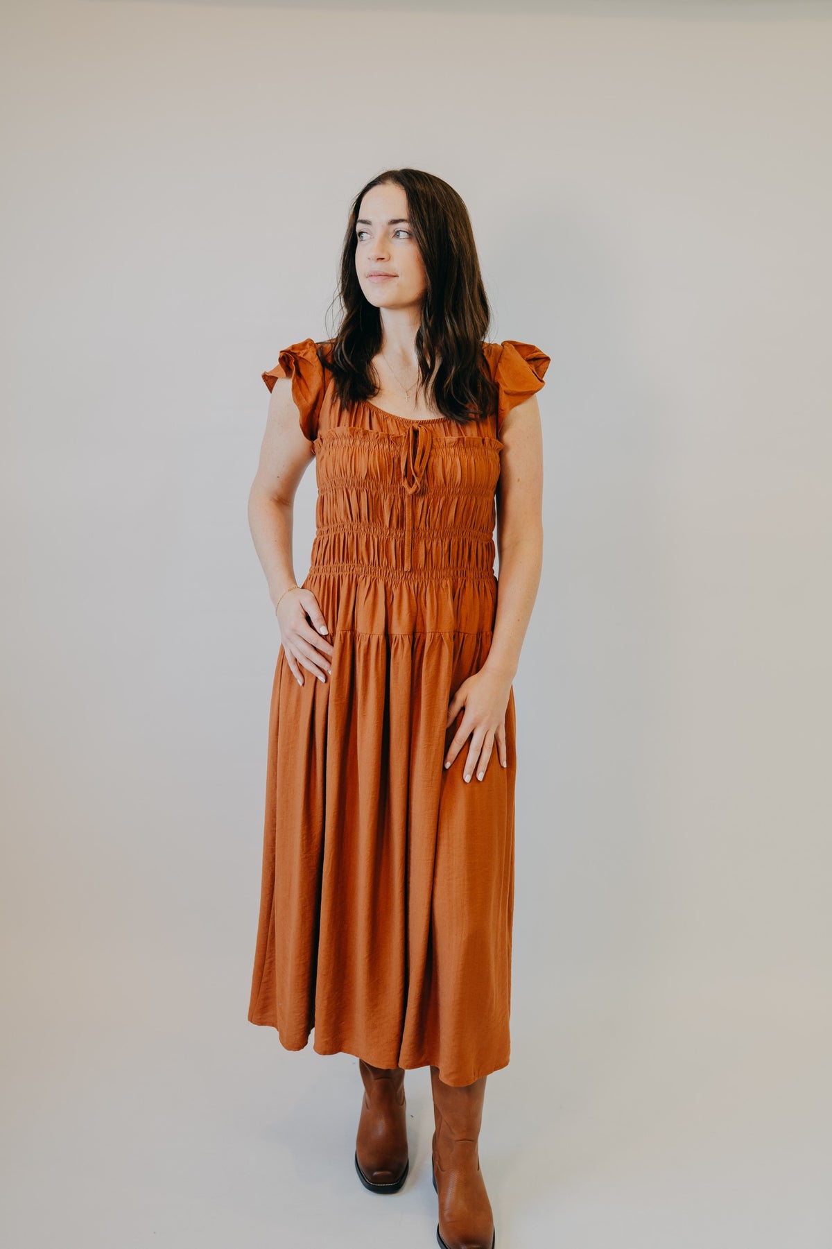 Blu Pepper | Shirred Bodice Ruffle Sleeve Midi Dress | Rust