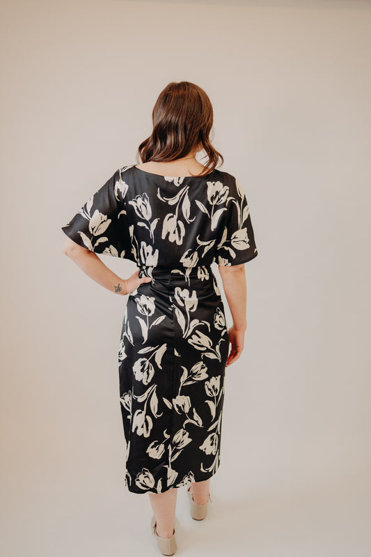 Fun2Fun | Floral Satin Pleated Wrap Dress | Black