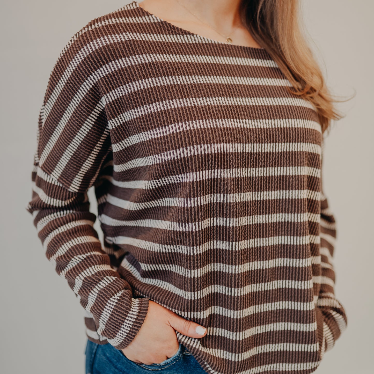 Gilli | Round Neck Long Sleeve Stripe Top | Brown Cream