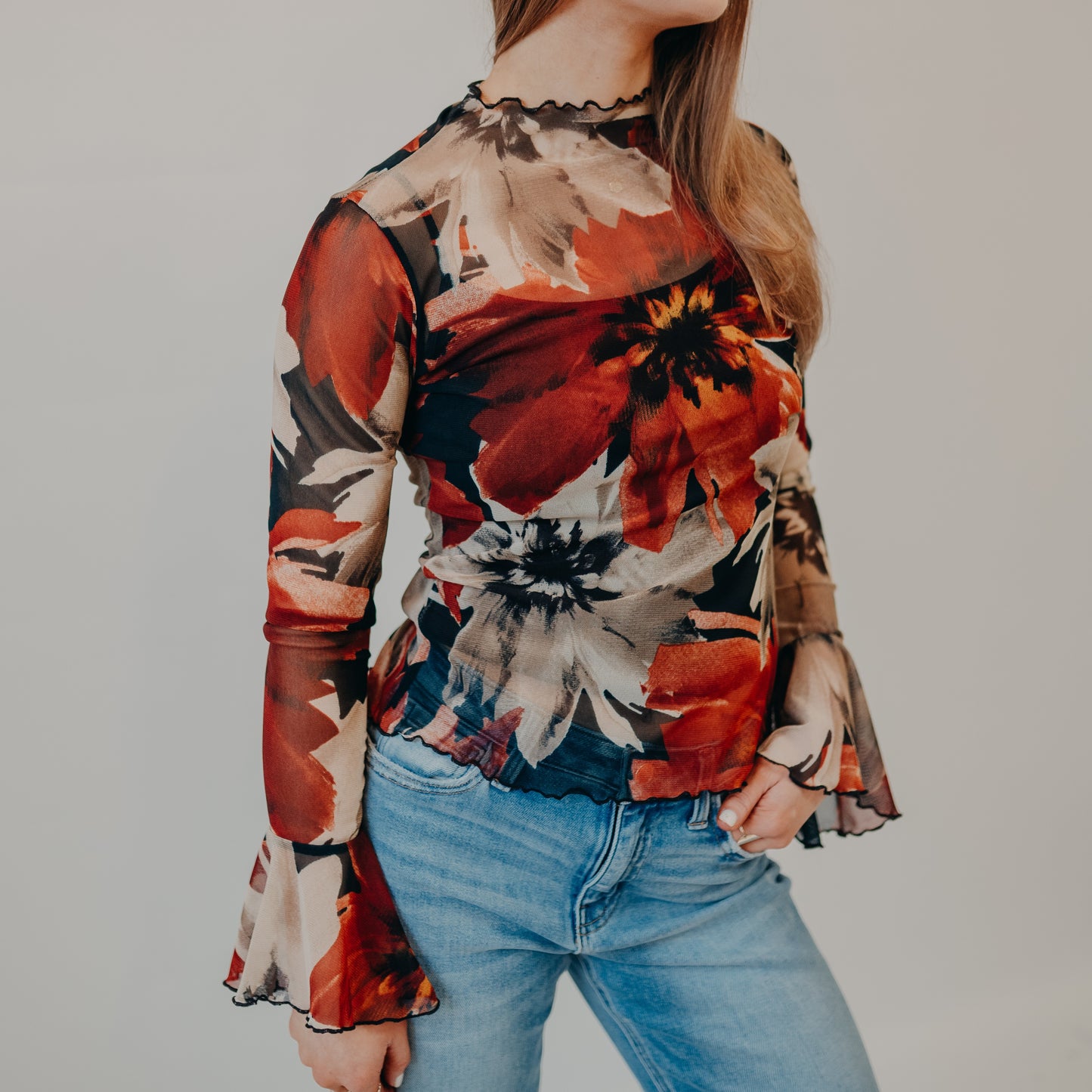 Gilli | Flare Long Sleeve Floral Top | Black Multi-Floral