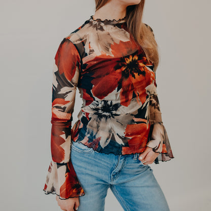 Gilli | Flare Long Sleeve Floral Top | Black Multi-Floral