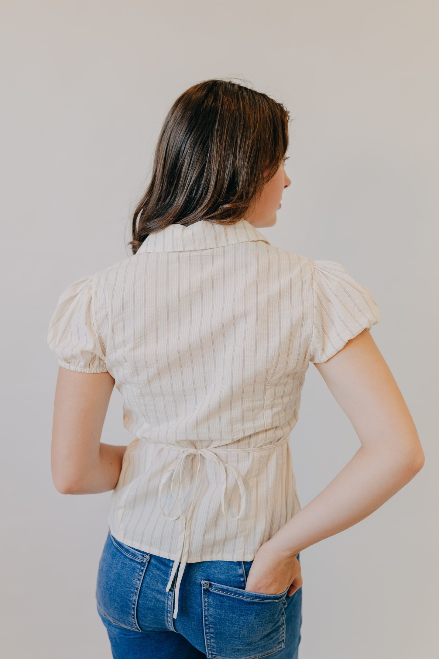 Blu Pepper | Stripe Collared Lace Bust Detail Top | Brown