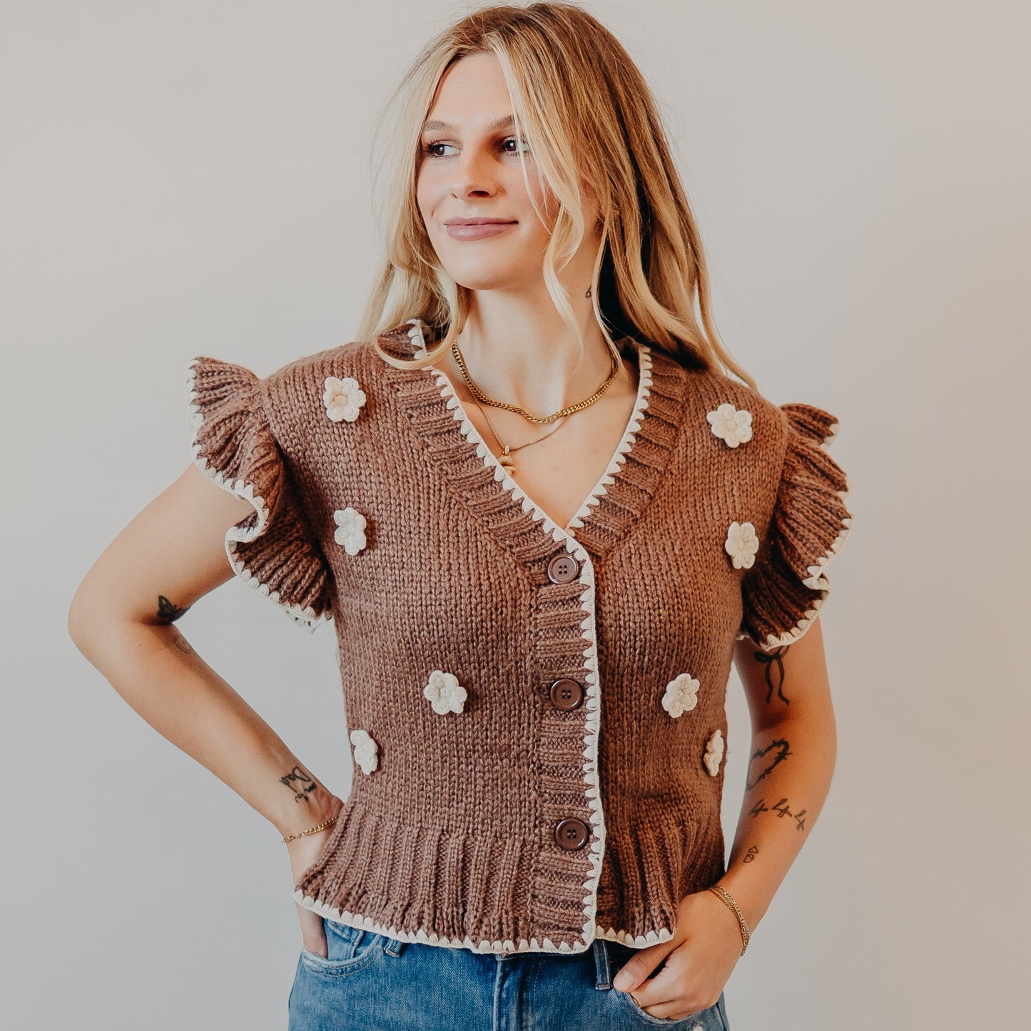 Blu Pepper | Crochet Floral Ruffled Cardigan | Brown