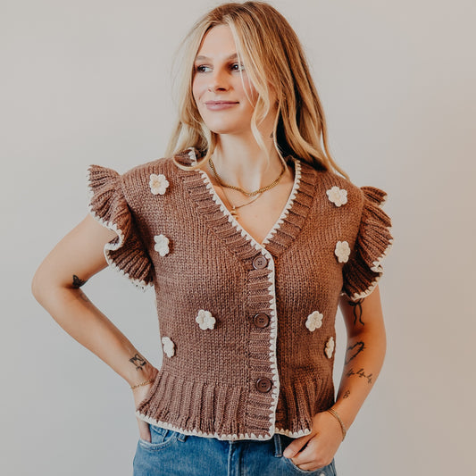 Blu Pepper | Crochet Floral Ruffled Cardigan | Brown