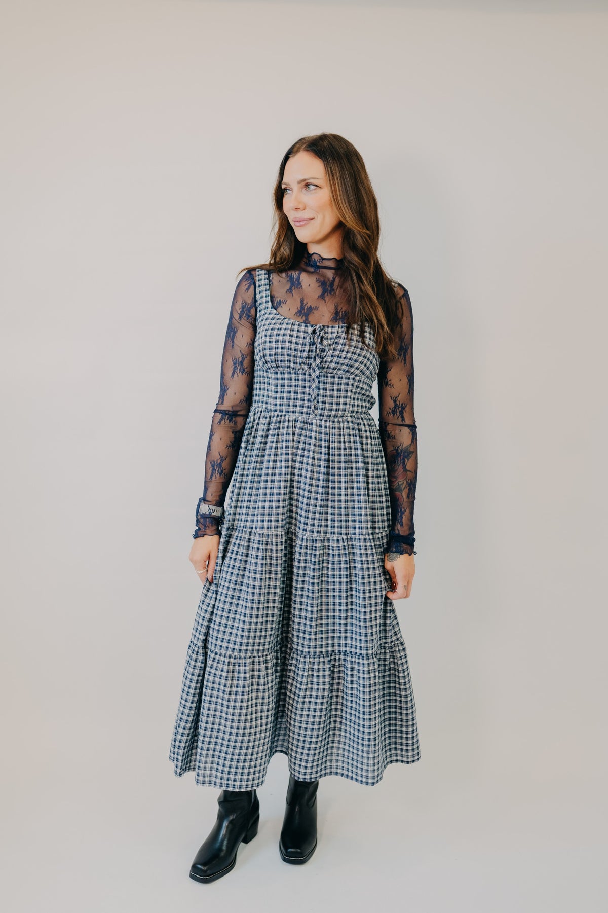 Blu Pepper | Plaid Corset Tiered Midi Dress | Navy