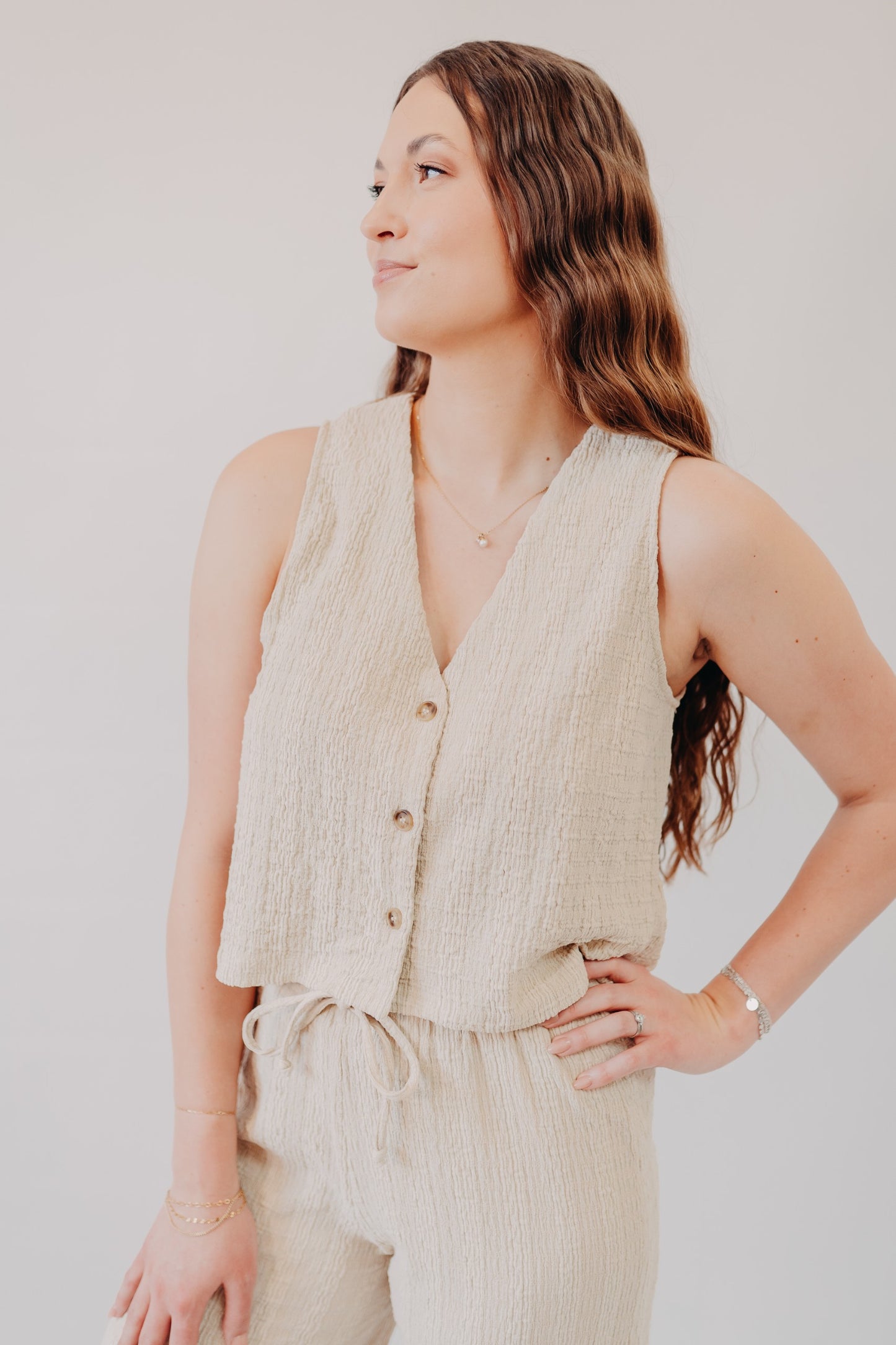 Miou Muse | Crinkled Fabric Button Up Top | Tan