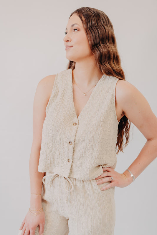 Miou Muse | Crinkled Fabric Button Up Top | Tan