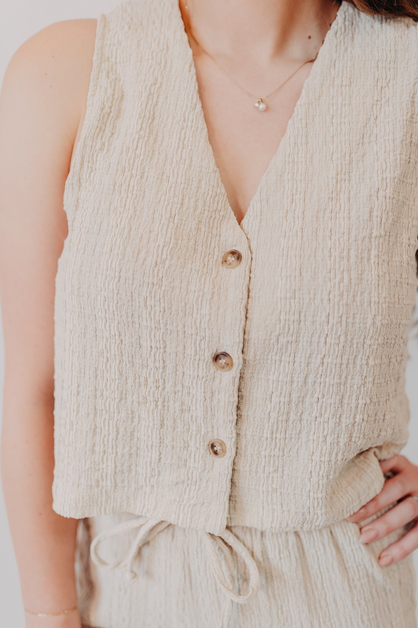 Miou Muse | Crinkled Fabric Button Up Top | Tan