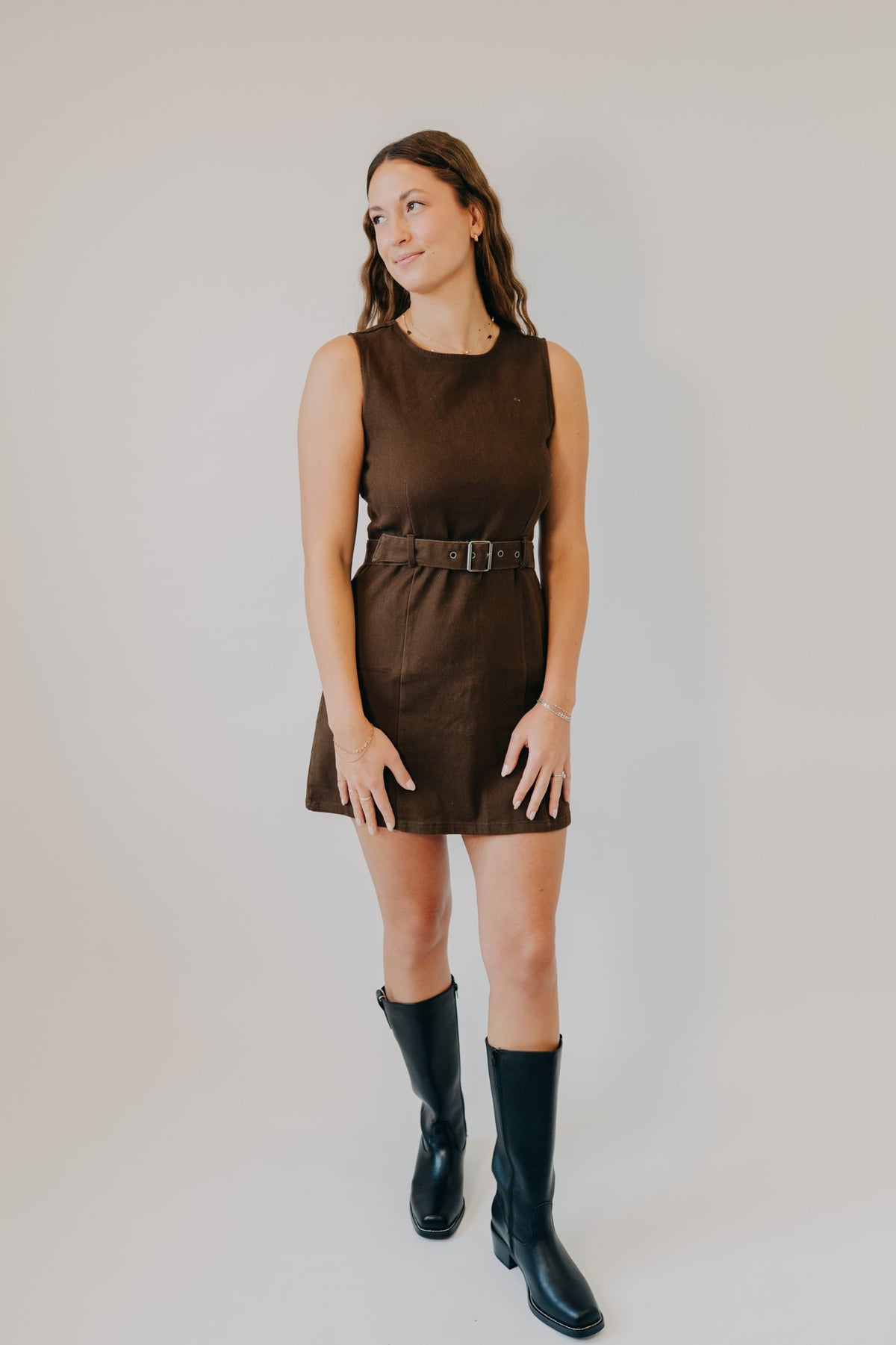 Blu Pepper | Belted Sleeveless Midi Dress | Brown