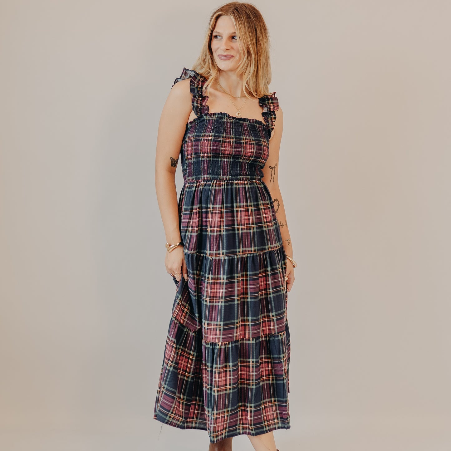 Blu Pepper | Plaid Smoked Tiered Midi Dress | Navy Multi