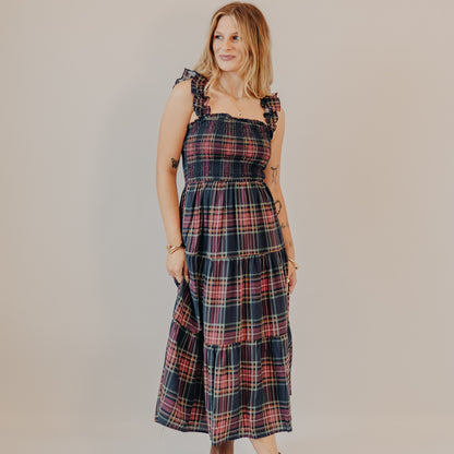 Blu Pepper | Plaid Smoked Tiered Midi Dress | Navy Multi