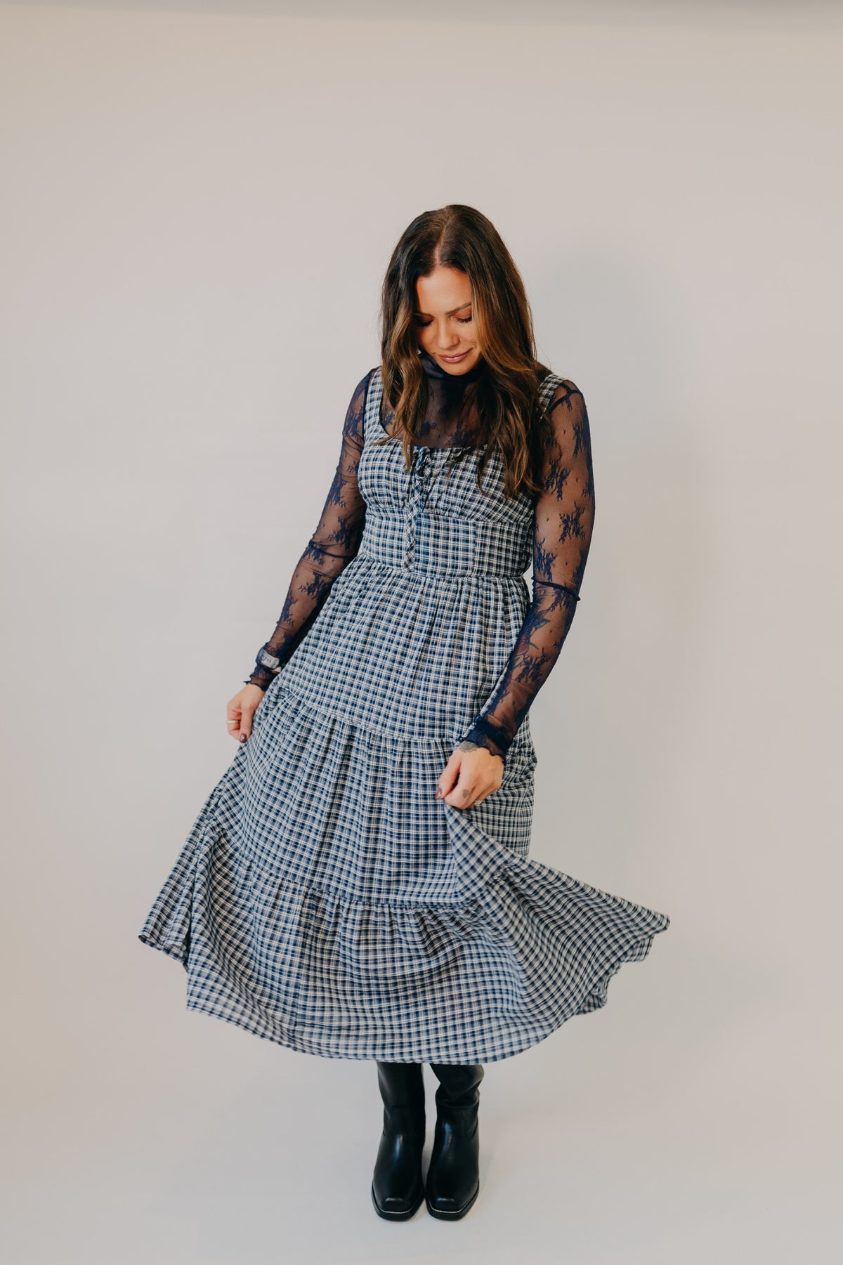 Blu Pepper | Plaid Corset Tiered Midi Dress | Navy