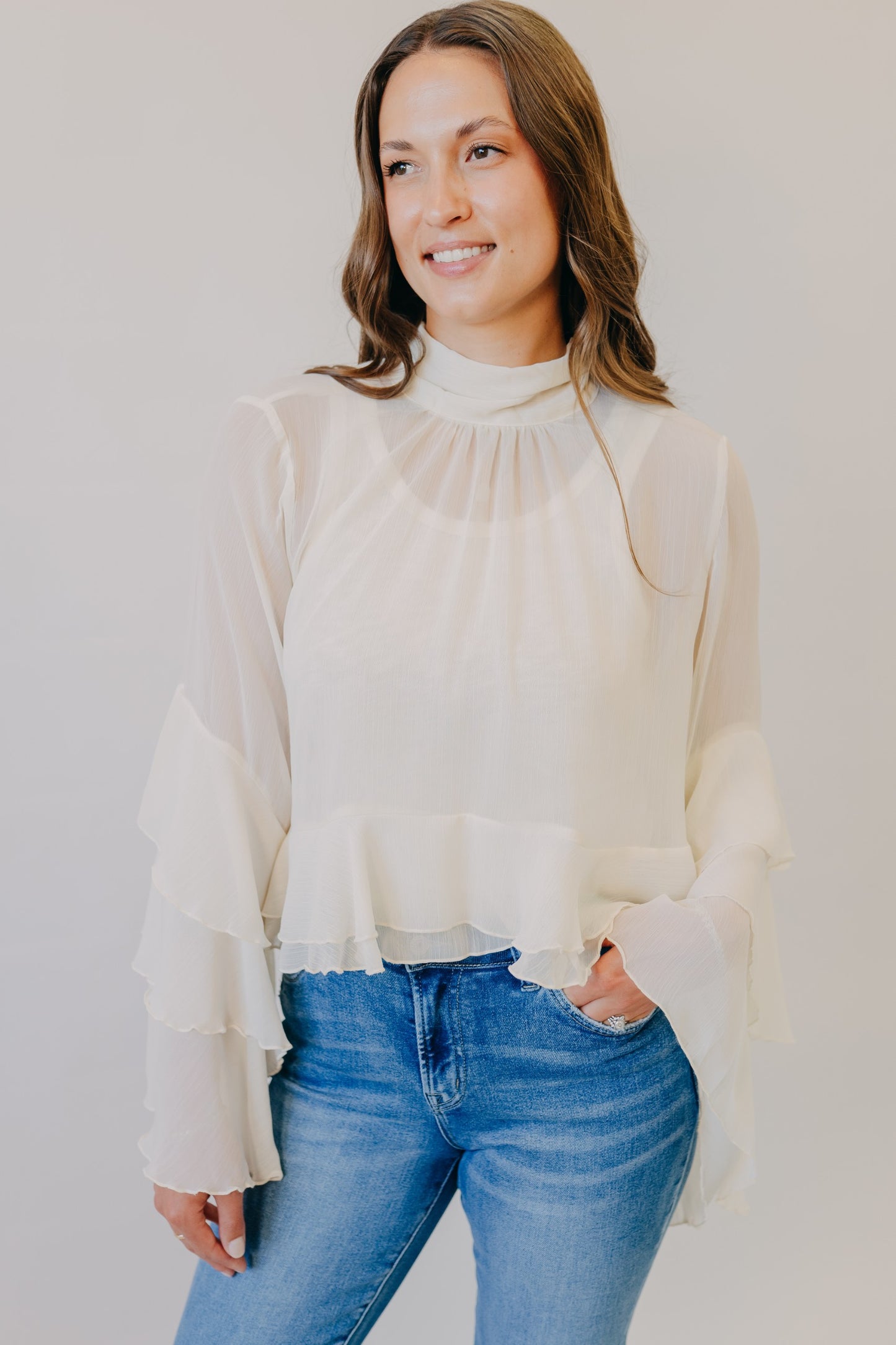 by Together | Baroque Flared Cuff Crop Woven Top | Cream